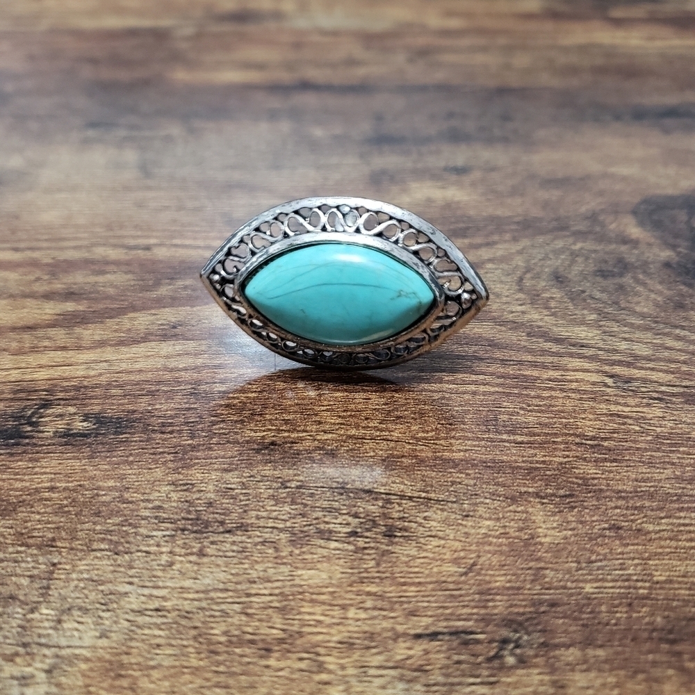 Turquoise Silver Tone Statement Ring Size 8.5 - image 2